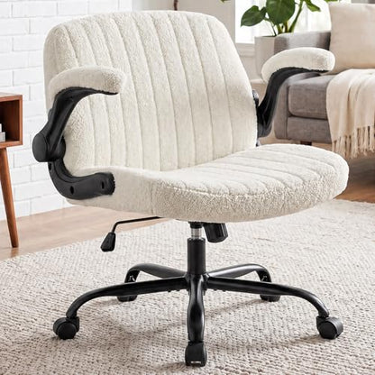 DUMOS Criss Cross Home Office Chair with Wheels, Wide Cross Legged Desk Vanity Chair Comfy Fabric Flip-Up Armrests Adjustable Swivel Chairs for Home Computer Bedroom, Creamy White