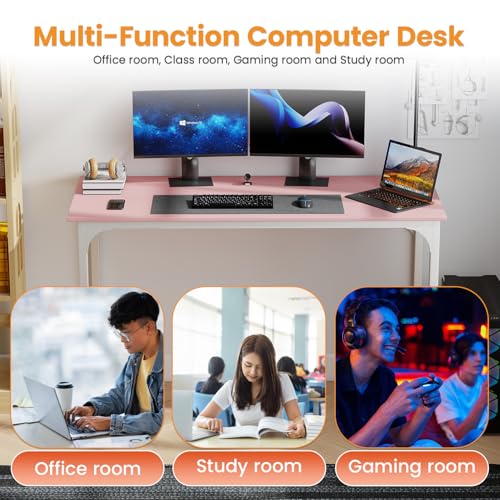 Dkelincs 47 Inch Computer Desk Home Office Desk Gaming Writing Desk Modern Simple Style Study Work Table with Metal Frame, Large Legroom, Adjustable Feet, Water-Resistant, Scratchproof Surface, Pink - color: Pink, size: 47 Inch