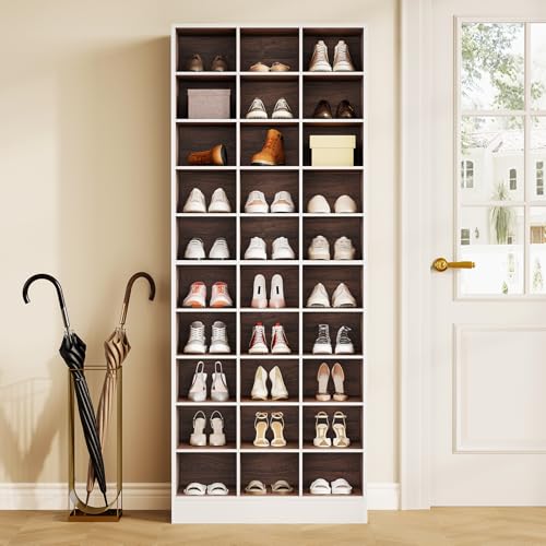 LITTLE TREE 70.9" Tall Shoe Rack, 10-Tier Freestanding Shelf, Max. Store 30 Pairs, Shoe Cabinet Organizer for Living Room, Entryway, Cloakroom, White + Brown - color: White + Brown