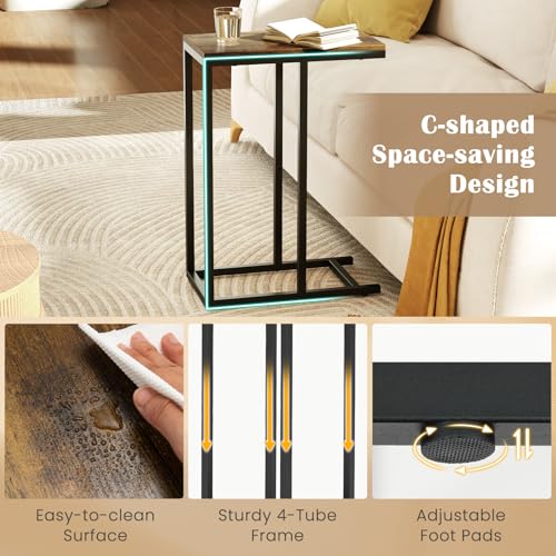Giantex C Shaped End Table Set of 2, Small Side Tables for Sofa, Couch Table That Slide Under with Metal Frame, Industrial TV Tray Table for Small Spaces, C Table for Living Room Bedroom, Rustic Brown - color: Rustic Brown