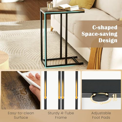 Giantex C Shaped End Table Set of 2, Small Side Tables for Sofa, Couch Table That Slide Under with Metal Frame, Industrial TV Tray Table for Small Spaces, C Table for Living Room Bedroom, Rustic Brown - color: Rustic Brown