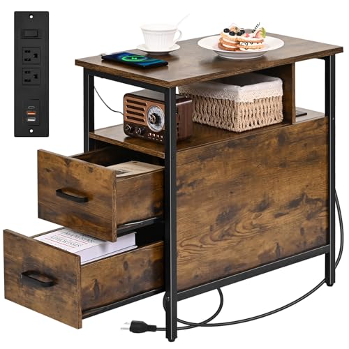 Livofloral Side Tables with Charging Station, Narrow End Table with 2 Wooden Drawers, USB Ports and Power Outlets, Narrow Nightstand and Bedside Table, Side Tables Living Room, Bedroom, Brown - color: Brown