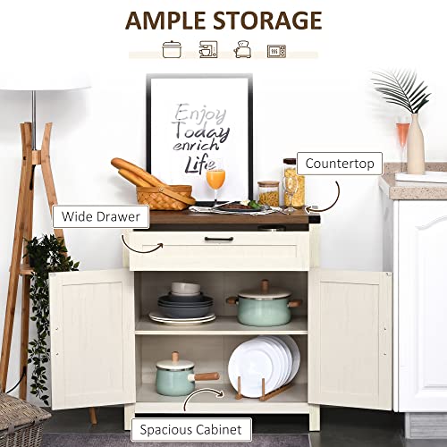 HOMCOM Sideboard, Storage Drawer, Coffee Bar Cabinet, Distressed White | Kitchen Cabinet, 2 Barn Doors, Modern Farmhouse - color: Distressed White