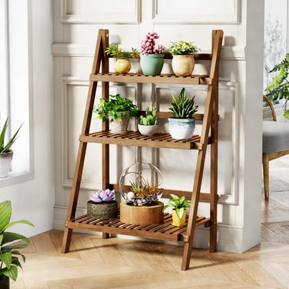 39.4" Bamboo Ladder Shelf Plant Shelf, 3 Tier Foldable Ladder Flower Pot Display Shelf Rack, 23.6"W x 15"D x 39.4"H, Freestanding Bookshelf for Garden, Balcony, Yard, Patio, Lawn, Living Room, Walnut - color: 3-tier Walnut
