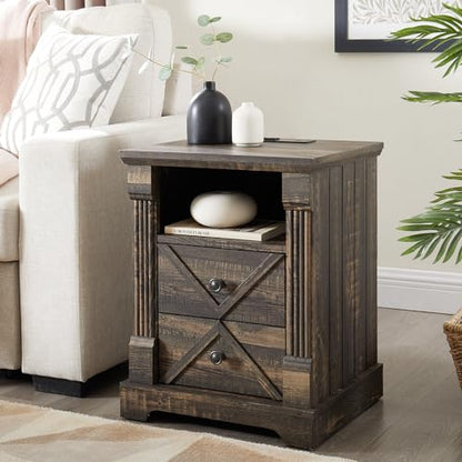Minifeel Farmhouse Nightstand with Charging Station, 18" Wide 2 Drawer Night Stand, Barn Door Wood Bedside Table with Open Storage Shelf, Sofa Side End Tables with Roman Column for Bedroom, Dark Oak - color: Dark Rustic Oak