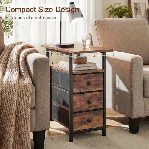 AMHANCIBLE End Tables Living Room with Charging Station, Narrow Side Table with USB Ports and Outlets, Slim Nightstand with 3 Fabric Drawers for Bedroom, Small Space, Rustic Brown, HETN013BR-1 - color: Brown, style: Power