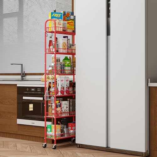Slim Rolling Storage Cart 6 Tier, Metal Kitchen Rolling Utility Cart with Lockable Wheels for Kitchen, Bathroom, Office, Laundry Room, Small Narrow Spaces (Red 6 Inches) - size: Red 6 Inches