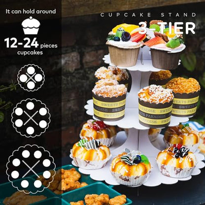 White Cupcake Stand Tower, 3-Tier Cardboard Dessert Display with Heart Handle,Perfect for Birthday Baby Shower Wedding Tea Party Graduation, Easy 60-Second Assembly, Holds 12+Cupcakes (1-Pack) - color: White 1 Pack