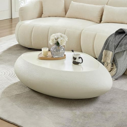 47" Modern Coffee Table Faux Stone Coffee Table Unique Rock Center Tables Round Edge Design Accent Tables for Living Room Office Apartment No Assembly,Fiberglass, Cream White - color: Fiberglass Oval-white