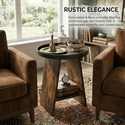 Round End Table with Tray Top, 2-Tier Rustic Side Table with Storage Shelf, Modern Farmhouse Industrial Wood Nightstand for Living Room, Bedroom, Small Spaces (Rustic Brown) - color: Rustic Brown