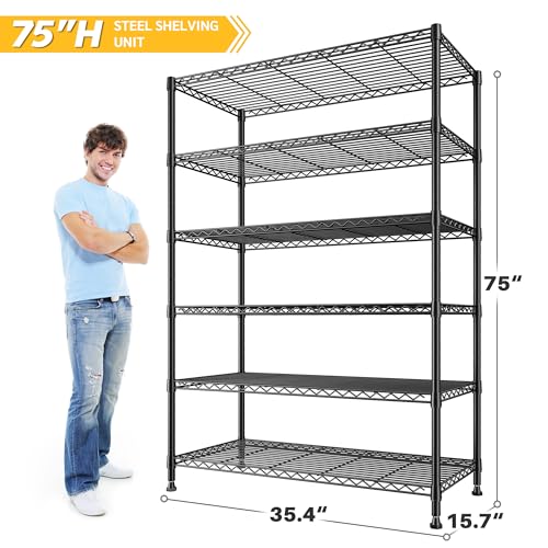 REIBII 75''H Storage Shelves Metal Shelving Unit, 6 Tier Wire Shelving for Pantry Shelves Adjustable 1200LBS Garage Shelving Heavy Duty Storage Rack for Kitchen Garage, 35.4''W*75''H*15.7" D - size: 35.4"W×75"H×15.7"D