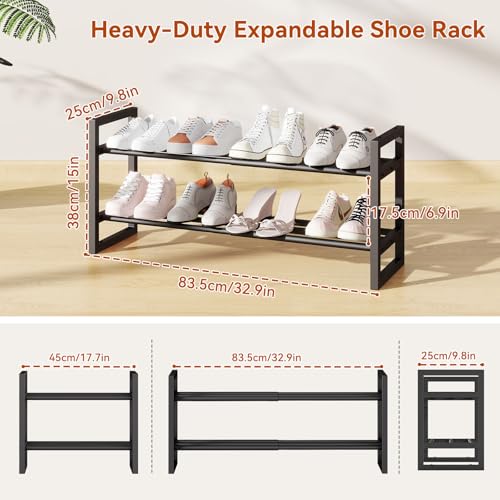 IBUYKE 2 Pack Expandable Shoe Rack, 18"-33” Adjustable Shoe Organizer for Closet, Stackable Metal Free Standing Shoe Rack Storage for Small Space Entryway, Black TXJ002B-2 - size: 33inch-2 Pack