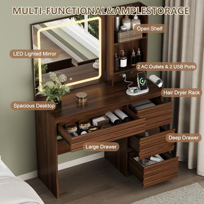 Makeup Vanity Desk with Lights, Fluted Vanity with 4 Drawers, Open Shelves, Power Outlet, LED Lighted Mirror, 3 Lighting Modes & Brightness Adjustable, Wood Dressing Table for Bedroom,Walnut - color: Walnut