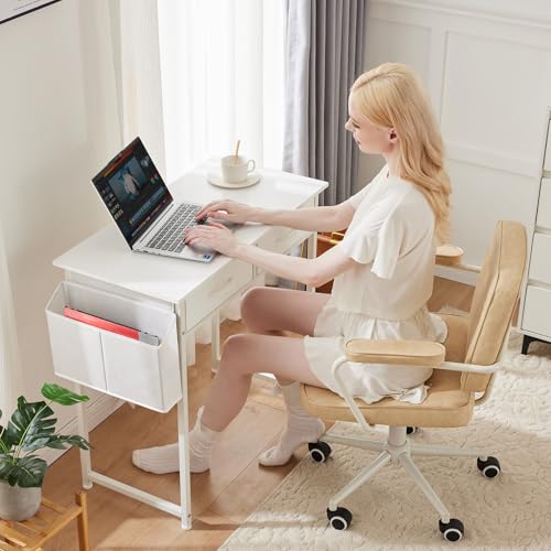 Anwick Compact Computer Desk with Storage Bag, Headphone Hook & Adjustable Feet - Modern Home Office Desk for Small Spaces, Bedroom or Study, Durable Metal Frame, Simple Design (White)