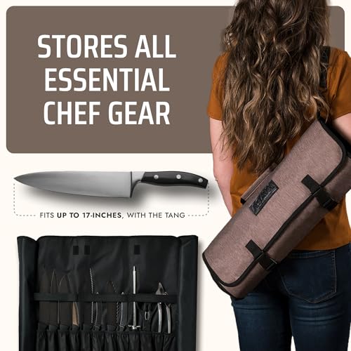 Asaya Waxed Nylon Chef Knife Roll Bag with 20 Slots and Zippered Pockets - Professional Chef Knife Bag & Storage Case, Tool Carrier with Shoulder Strap - Knives Not Included (Brown) - color: Brown