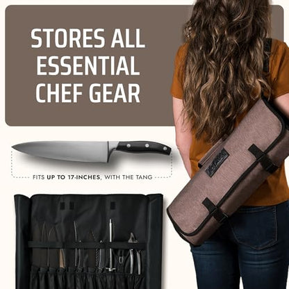 Asaya Waxed Nylon Chef Knife Roll Bag with 20 Slots and Zippered Pockets - Professional Chef Knife Bag & Storage Case, Tool Carrier with Shoulder Strap - Knives Not Included (Brown) - color: Brown