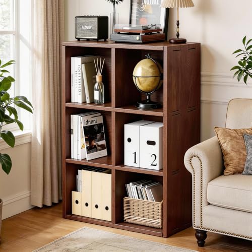 Solid Wood 6-Shelf Bookcase Walnut Bookshelf | Genuine Rubberwood 6-Shelf Bookcase, Walnut Finish, Stackable, 35.4"W x 23.6"H, for Living Room & Office