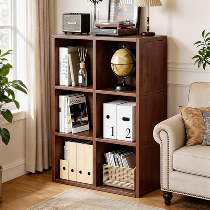 Solid Wood 6-Shelf Bookcase Walnut Bookshelf | Genuine Rubberwood 6-Shelf Bookcase, Walnut Finish, Stackable, 35.4"W x 23.6"H, for Living Room & Office