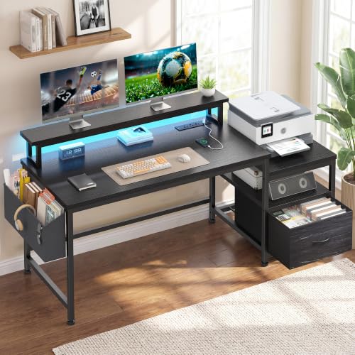 EnHomee 56.5" Office Desk with Drawers & Printer Space for Home Work,Black | Computer Desk with 3 AC Outlets& 2 USB Ports,Waterproof LED Strip Lights,Monitor Stand & Side Pockets,Home Office,Bedroom - color: Black, size: 56.5" With LED Light