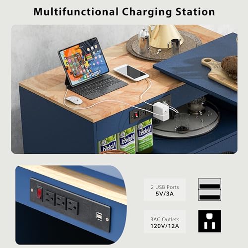 Rolling Kitchen Island with Extendable Swivel Table and Power Outlet, Kitchen Island on Wheels with Storage Cabinet, Fluted Glass Doors and Open Shelves for Small Spaces, Navy Blue - color: Navy Blue