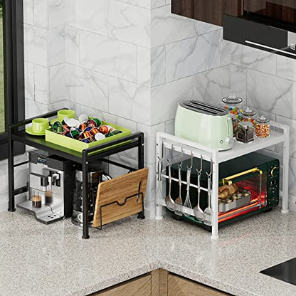 YIUKEA Extendable Microwave Oven Rack - Adjustable Kitchen counter shelf, 2 Tier Microwave Stand (L15.7~23.6" xW12.8 xH17.7) with 6 Hooks for Kitchen Countertop Organizer (White) - color: White