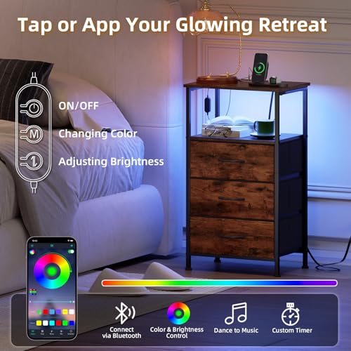 Somdot Nightstands Set of 2 with 3 Drawers, Charging Station & LED Light | Open-Shelf End Tables for Bedside, Small Spaces, Bedroom, Entryway and Hallway, Brown - color: Brown, size: 11.8"D x 15.7"W x 28.3"H (3 Drawers)