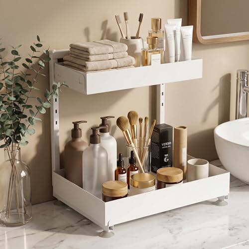Under Sink Organizer 2 Pack, 2-Tier Metal Slide-Out Cabinet Organizer and Storage for Bathroom Kitchen, Height Adjustable Under Sink Storage Shelf with Pull-Out Drawer (2 Sets)