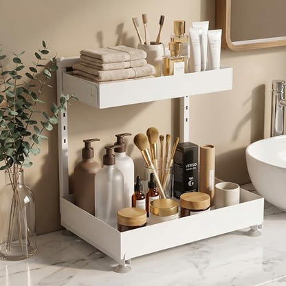 Under Sink Organizer 2 Pack, 2-Tier Metal Slide-Out Cabinet Organizer and Storage for Bathroom Kitchen, Height Adjustable Under Sink Storage Shelf with Pull-Out Drawer (2 Sets)