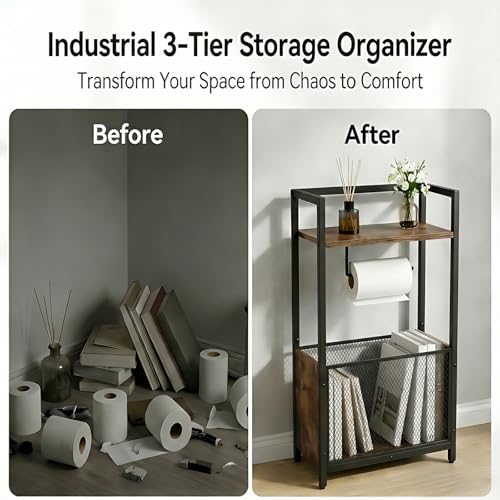 Toilet Paper Holder Free Standing, Black Toilet Paper Holder Stand, Freestanding Toilet Paper Holder for Bathroom Tissue Holder Roll Holder, Magazines, Wipes