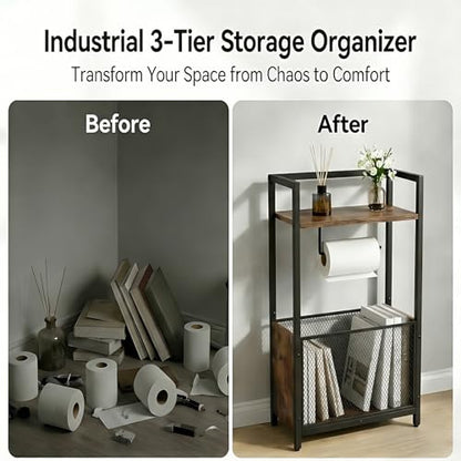 Toilet Paper Holder Free Standing, Black Toilet Paper Holder Stand, Freestanding Toilet Paper Holder for Bathroom Tissue Holder Roll Holder, Magazines, Wipes