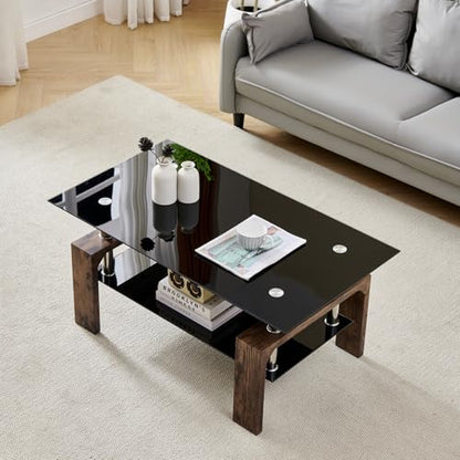 Living Room Rectangle Coffee Table, Tea Table Suitable for Waiting Room, Modern Side Coffee Table with Wooden Leg, Glass Tabletop with Lower Shelf.(Black Brown) - color: Black Brown