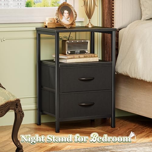 Huuger Night Stand with 2 Drawers, Bed Side Table with Open Shelf, Wooden Top, Nightstand for Bedroom, End Table for Small Space, Fabric Drawer, Black - color: Black