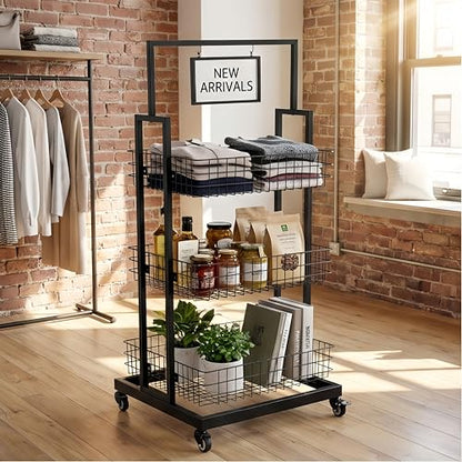 3-Tier Metal Wire Basket Display Cart with Lockable Casters and Blank Sign Holder Multipurpose Storage Rack for Snack Candy Fruit Bakery Convenience Store Kitchen Pantry