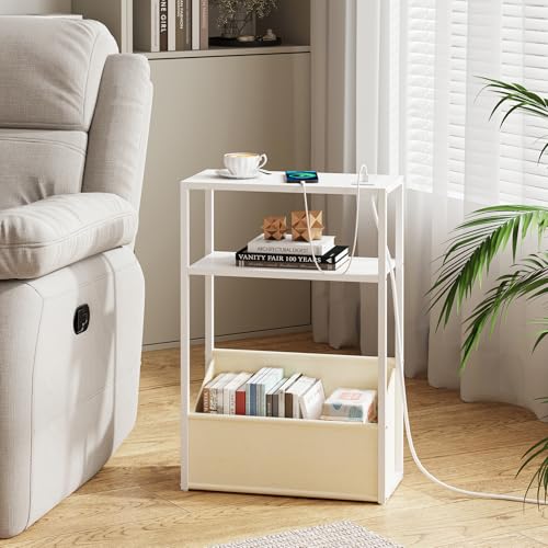 TUTOTAK Keep Phones Charged & Books Organized with Slim 3-Tier Side Table with Charging Station for Living Room Bedroom White TB01BW095 - color: White