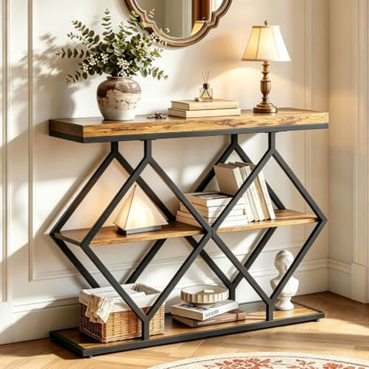 Garvee 3 Tier Console Table,39" Industrial Entryway Table,Open Wood Shelves | Sofa Table,Narrow Wood Accent Tables with Metal Frame for Hallway,Living Room,Behind Couch,Foyer,Entrance,Rustic Brown - color: Rustic Brown + Diamond-shaped