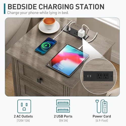 Night Stand with 3 Drawers, 18 Inch Wide End Table with Charging Station, Farmhouse Nightstand, Bedside End Tables Living Room, End Tables with Storage for Bedroom, Greige - color: Greige