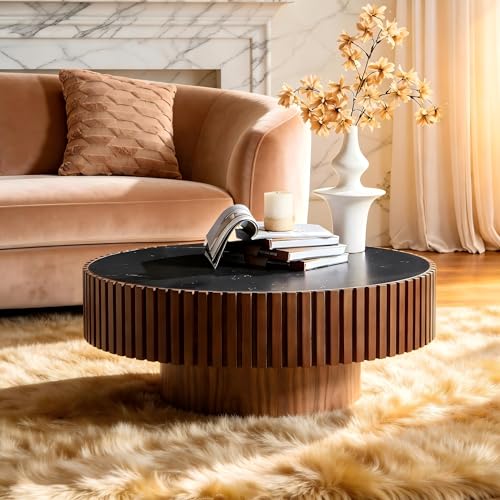 Round Coffee Table Walnut Ø35.43'' X 13.77''H Drum Coffee Tables Sintered Stone Tabletop for Living Room Small Space Fluted Circle Cocktail Tea Modern Center Apartment Home Furniture Easy Assembly - color: 35.43 Walnut Sintered