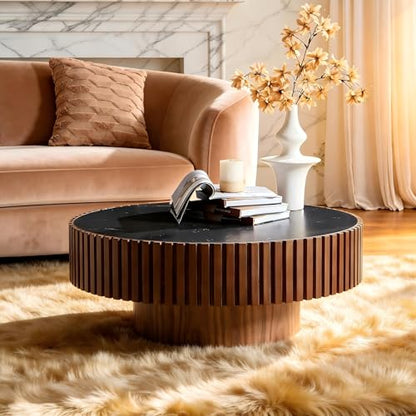 Round Coffee Table Walnut Ø35.43'' X 13.77''H Drum Coffee Tables Sintered Stone Tabletop for Living Room Small Space Fluted Circle Cocktail Tea Modern Center Apartment Home Furniture Easy Assembly - color: 35.43 Walnut Sintered