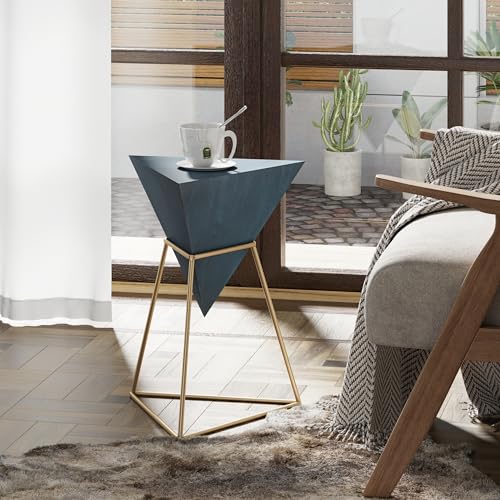 COZAYH Modern Geometric End Table with Wooden Top and Golden Metal Base, Unique Pyramid Side Table Plant Stand for Office, Living Room, Bedroom, Fully Assembled, Triangle, Blue - color: Blue