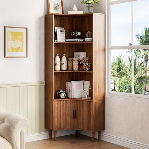 Lxsxlome Fluted Corner Cabinet, 66.928" Tall Corner Floor Cabinet with Sliding Doors and Shelves, Modern Wooden Freestanding Narrow Storage Organizer for Kitchen,Living Room (Walnut, 66.92" H) - color: Walnut, size: 66.92"H