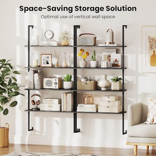 Tangkula 4-Tier Wall-Mounted Bookshelf, Industrial Modern Floating Storage Display Shelves with Metal Frame, Wall-Mounted Ladder Wooden Bookcase for Living Room, Kitchen, Bar, Office (1, Black) - color: Black