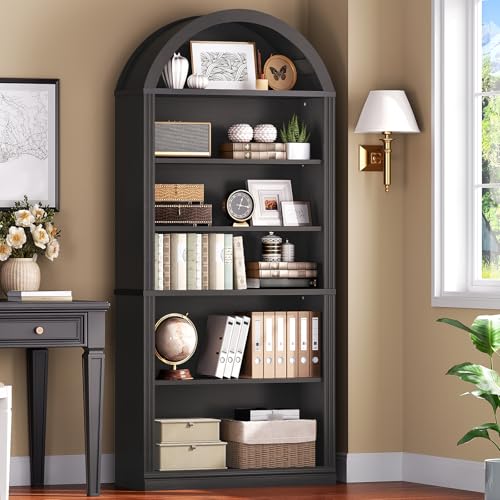RALGEND Arched Bookshelf, 75.8" Tall Arch Bookcase with Storage, 6-Tier Farmhouse Book Shelf, Arched Cabinet, Wooden Bookshelf with Open Display Shelves, Adjustable Shelf, Office, Black - color: Black, size: 31.4"L x 11.8"W x 75.8"H