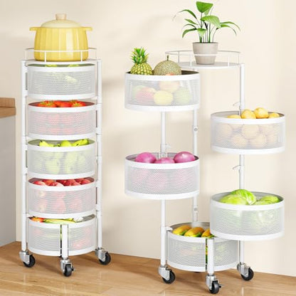 SAYZH Fruit Vegetable Basket for Kitchen, Rotating Storage Rack, 5 Tier Rolling Cart with top lid, Large Metal Wire Wheels (White) - color: White