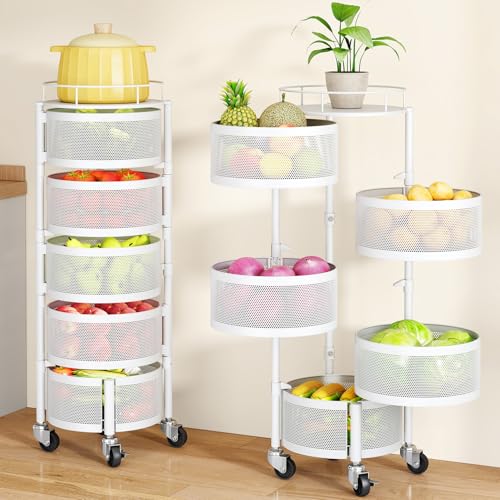 SAYZH Fruit Vegetable Basket for Kitchen, Rotating Storage Rack, 5 Tier Rolling Cart with top lid, Large Metal Wire Wheels (White) - color: White