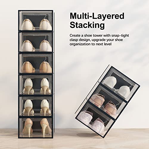 SEE SPRING X-Large Black Modern Plastic Shoe Box, 12 Pack, Clear Front Door, Stackable, Foldable, Ventilated, Fits US Size 11, 13.2''L9.1''W7.3''H Inch, 655.65 Cubic Inches, Already Assembled - color: Black, size: X-Large Fit Size 11