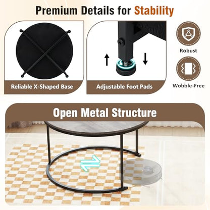 Tangkula Round Nesting Coffee Table Set of 2, Wooden Center End Table with Fabric Storage Basket & Metal Frame, Stacking Side Table for Apartment, Living Room & Bedroom (Gray & Black) - color: Gray & Black