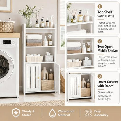 HAYOFAMY 4-Tier Bathroom Storage Cabinet 8.7" D x 14.2" W x 29.5" H | White Floor Cabinet, Freestanding Organizer with Door, for Living Room Kitchen Small Space, PVC Material - size: 4-Tier Floor