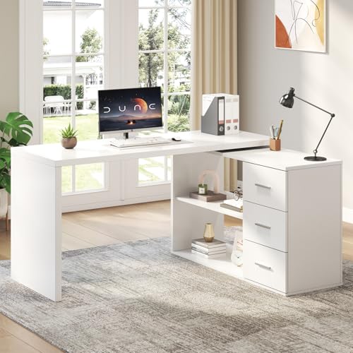 HSH 55-76 Inch White Farmhouse L Shaped Desk with Drawers 360 Rotating | Corner Computer Desk with Storage with Drawers Long for Work, Executive, Study, Writing, Teacher, Bedroom Modern Gaming Table - color: White