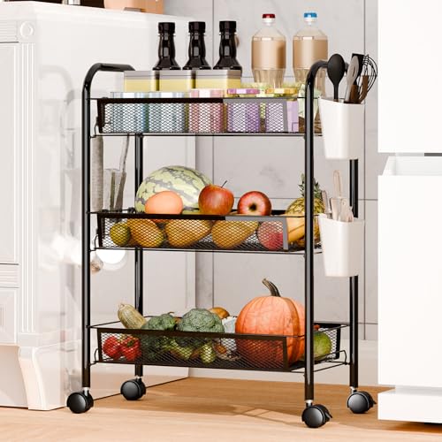 Fruit Vegetable Basket Storage Cart 5 Tier Stackable Metal Mesh Basket with 360 Degree Wheels 41 Inch High Kitchen Storage Snack Cart Pantry Bathroom Cart (Black 3-Layers) - color: Black 3-layers