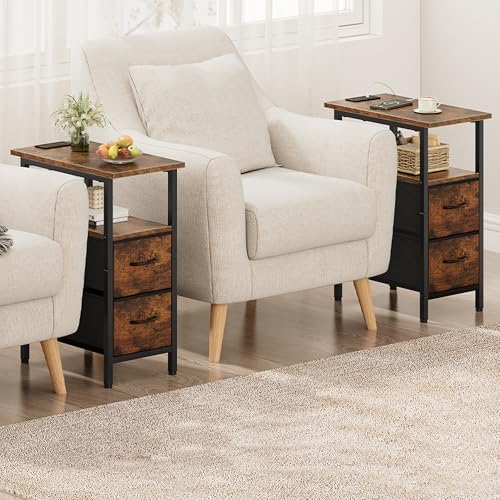 Vagusicc Set of 2 Nightstand with Charging Station and LED Lights, Narrow Side Table, LED Night Stand with 2 Fabric Drawers, Bedside Table Small End Table, Tall Nightstand for Bedroom, Rustic Brown - color: Rustic Brown, size: 2, style: With LEDs